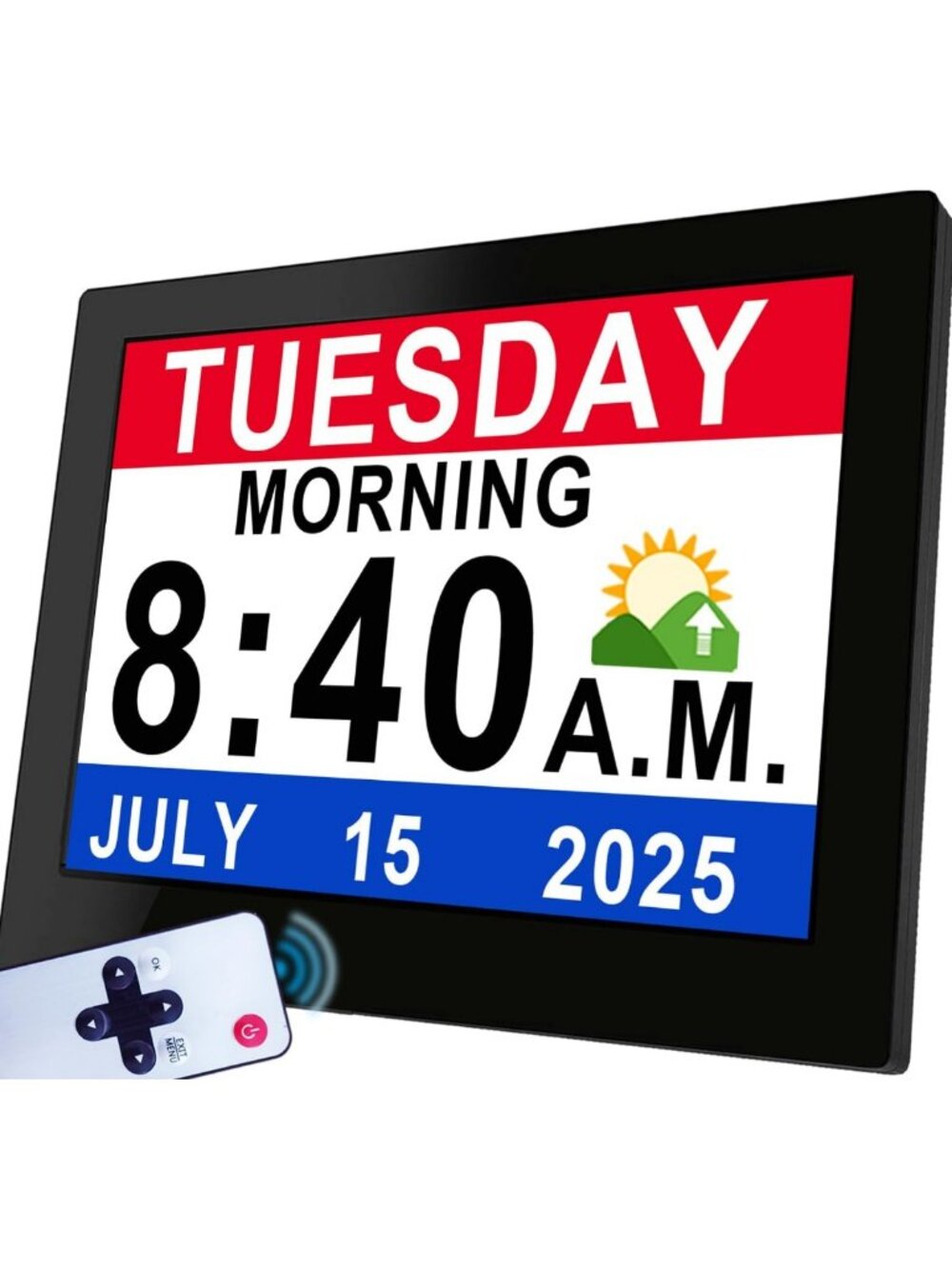 Large 8" Dementia Clock with 19 Alarms, Auto DST, Dimmable Display & Calendar